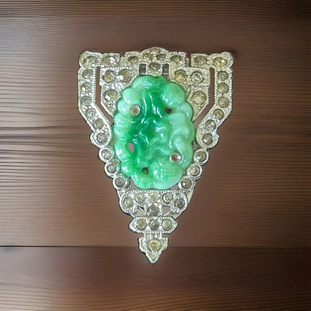 KTF Trifari Alfred Philippe 1930s Ming Series Faux Jade Pave Dress Clip Single